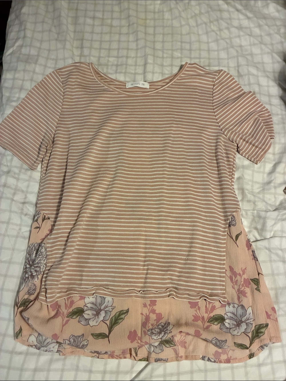 Maurices Blush Pink Striped Short Sleeve Top with Floral Hem